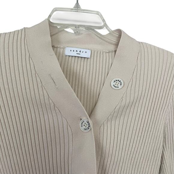 Sandro Cream Wool Blend Ribbed Knit Logo Button Front Cardigan Sweater Size 2 - Picture 4 of 11